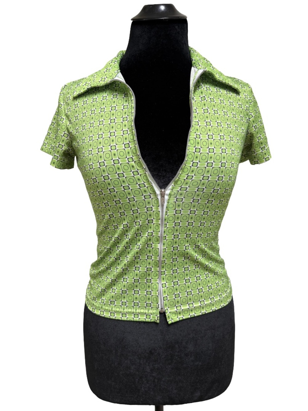 Y2K Geometric Pattern Zip Up Collared Top - Picture 2 of 6